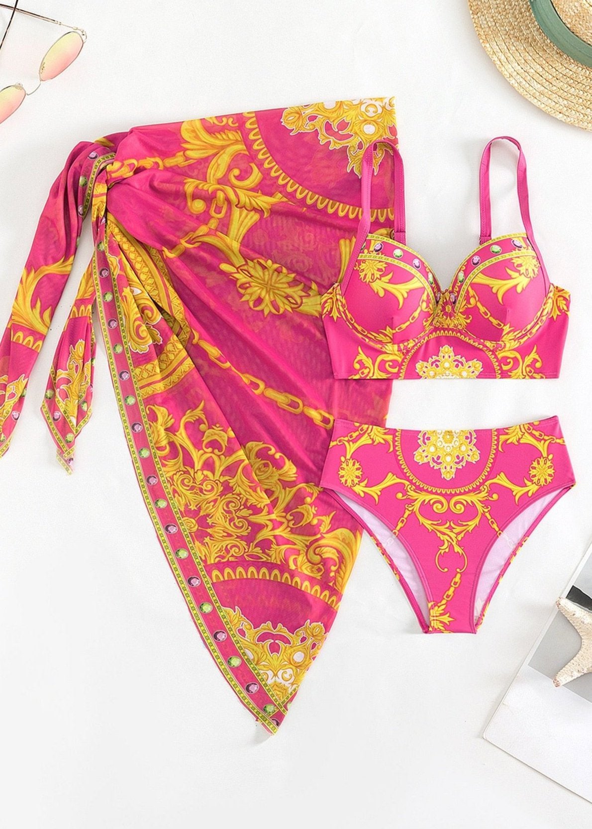 Pink Printed bikini with a Sarong