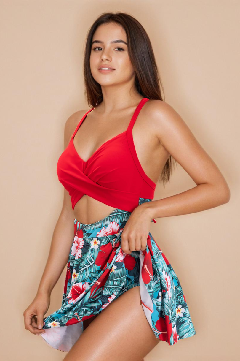 Red Swim Dress with Bottom