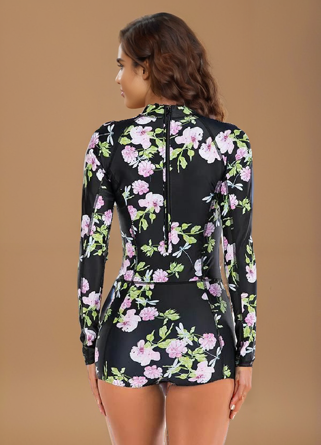 Black Floral Full Sleeve Swimwear