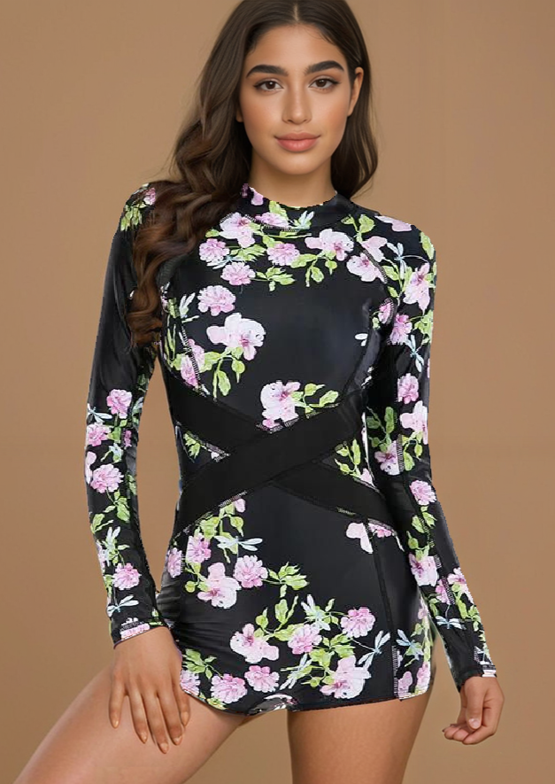 Black Floral Full Sleeve Swimwear