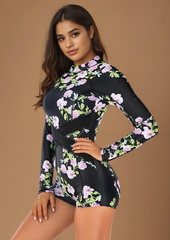 Black Floral Full Sleeve Swimwear