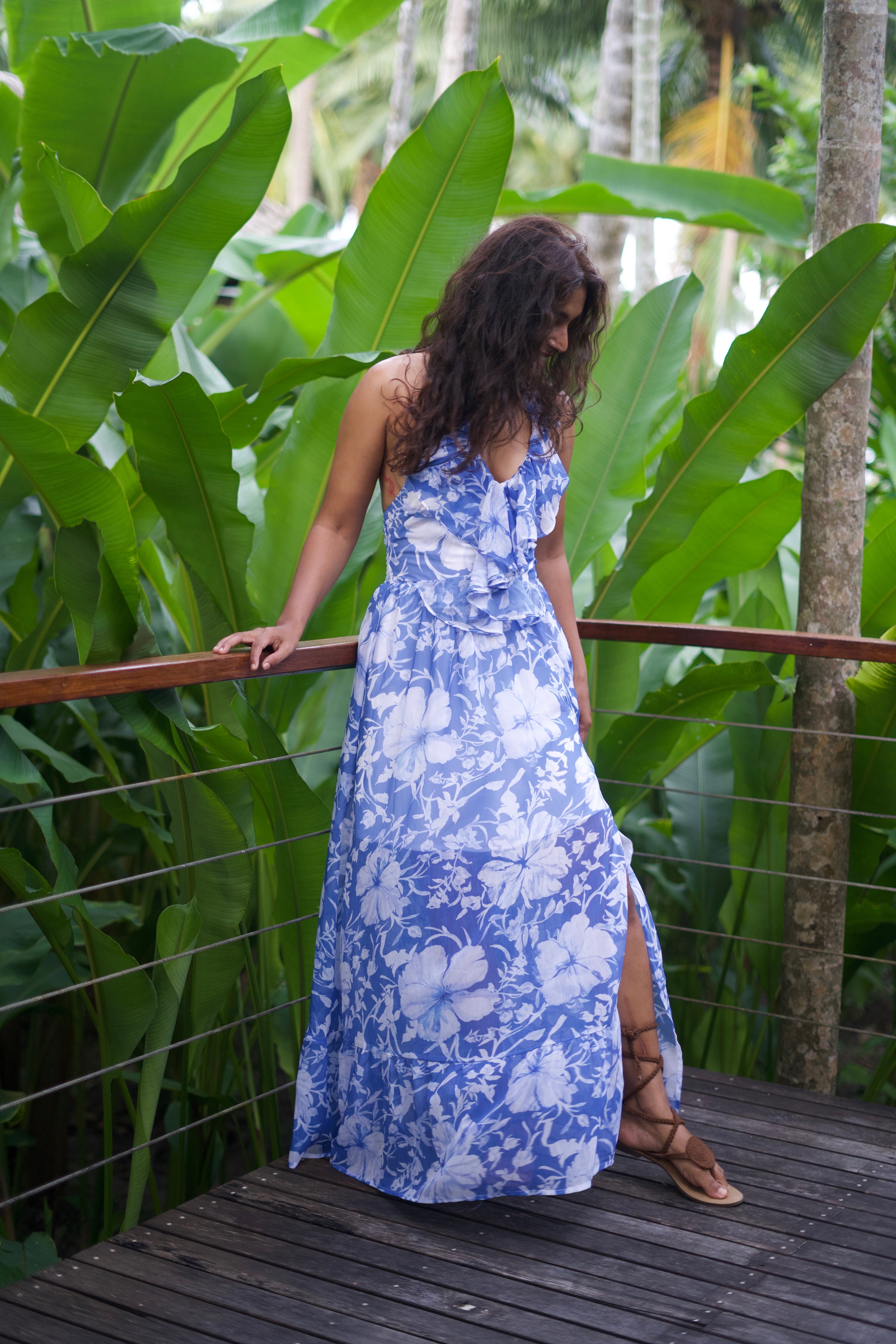 Blue and White Floral Maxi Dress