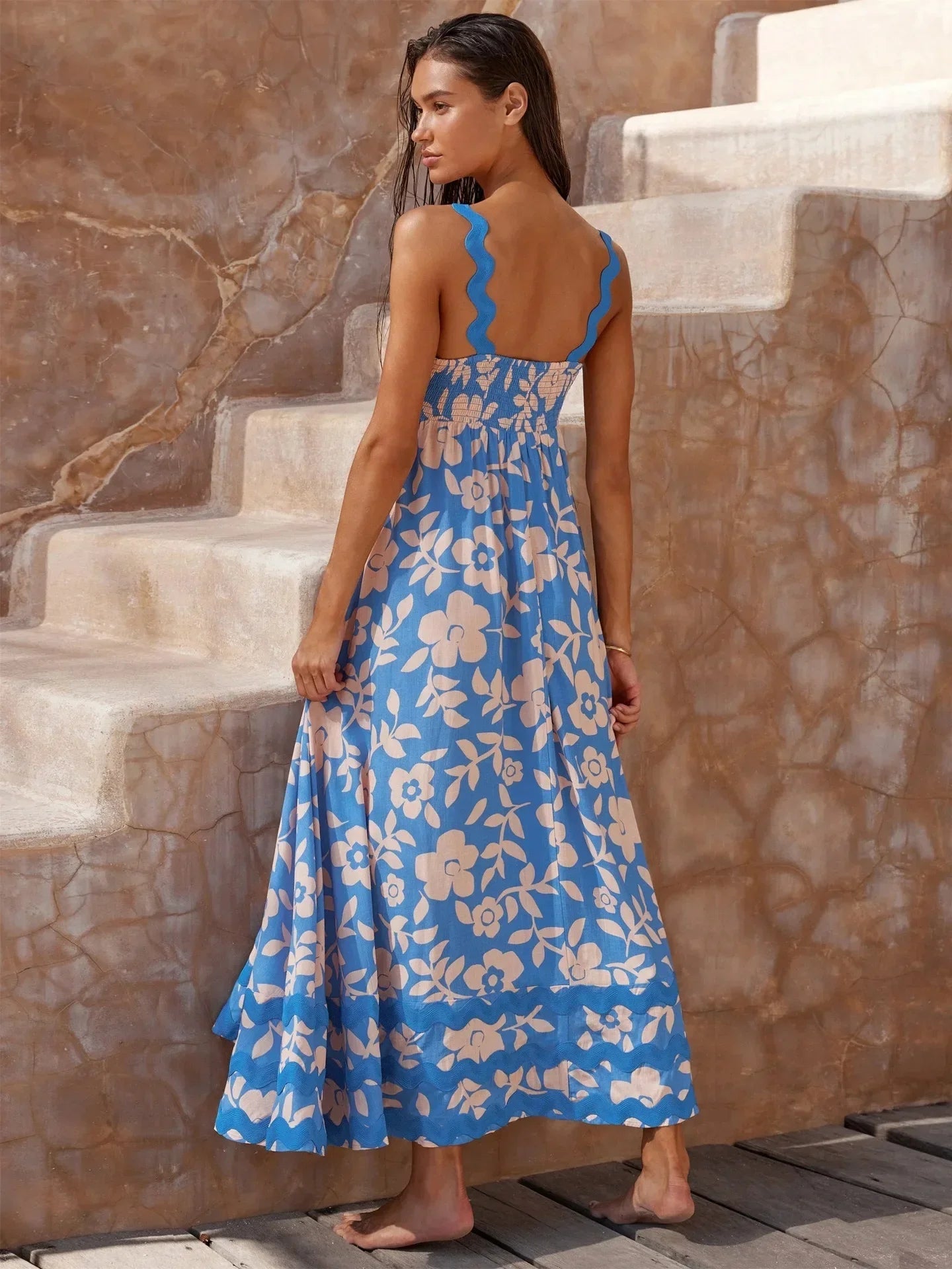 Blue Floral Printed Flared Dress