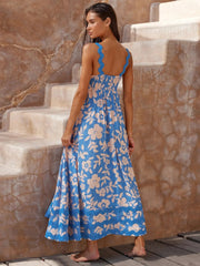Blue Floral Printed Flared Dress
