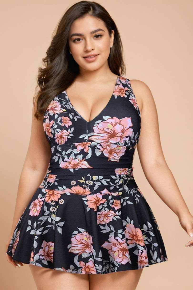 Black Floral Plus Size Swim Dress With Shorts