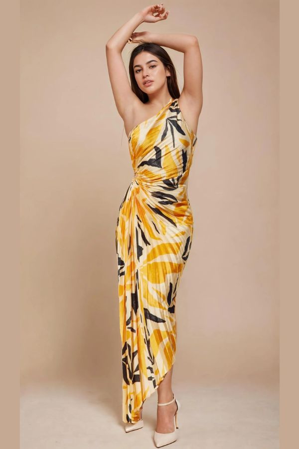 Black & Yellow Printed Pleated Dress