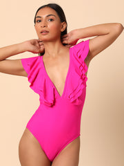 Pink Ruffled Monokini with Sarong