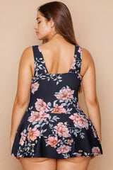 Black Floral Plus Size Swim Dress With Shorts